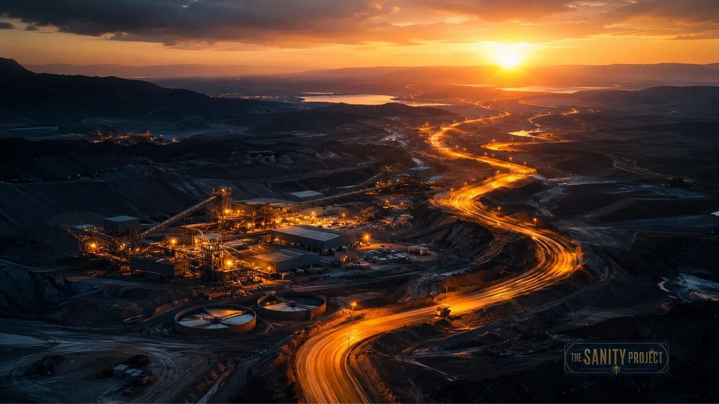 An illuminated road leading away from a mineral processing facility at dusk, representing Canada's Critical Minerals Strategy and the capital race behind it.