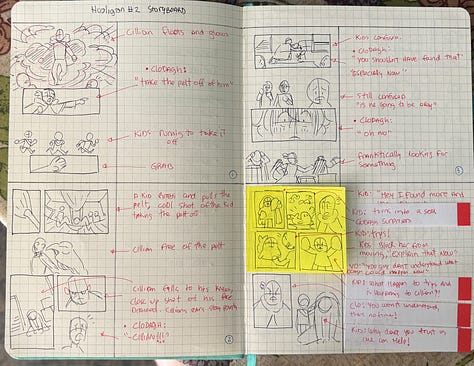 Hooligans season 2 storyboard and notes done with pen and paper
