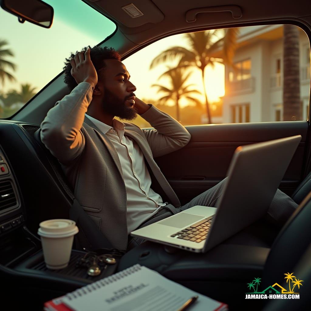 A weary Jamaican male realtor, dressed in stylish attire, sits in his car, surrounded by real estate documents, a laptop bag, and a phone, with a coffee cup, folders, and keys scattered around, warm tropical sunlight casting a cinematic glow, outside, a modern Caribbean-style house with swaying palm trees, shot in a cinematic style, with film grain, vignette, and color grading, reminiscent of photographers like Gregory Crewdson, Steve McCurry, and Martin Schoeller, with a 35mm film aesthetic. A weary Jamaican male realtor, dressed in stylish attire, sits in his car, surrounded by real estate documents, a laptop bag, and a phone, with a coffee cup, folders, and keys scattered around, warm tropical sunlight casting a cinematic glow, outside, a modern Caribbean-style house with swaying palm trees, shot in a cinematic style, with film grain, vignette, and color grading, reminiscent of photographers like Gregory Crewdson, Steve McCurry, and Martin Schoeller, with a 35mm film aesthetic.