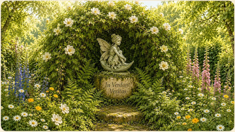 A small stone fairy rests beneath an arch of white briar roses surrounded by ferns and wildflowers, with the words In Verdant Veritas carved into the weathered stone below. Images designed by Kim West and created with AI assistance. A small stone fairy rests beneath an arch of white briar roses surrounded by ferns and wildflowers, with the words In Verdant Veritas carved into the weathered stone below. Images designed by Kim West and created with AI assistance.