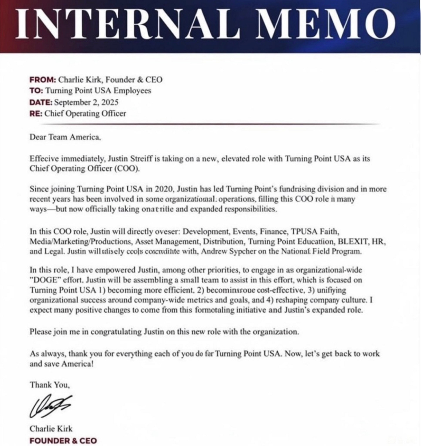Charlie’s Internal Memo Removing Tyler Bowyer as TPUSA COO, Sept 2, 2025.