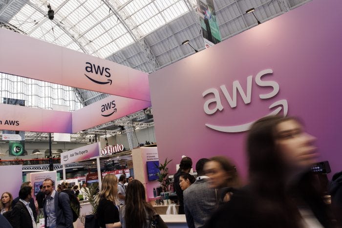 People walking past the Amazon Web Services (AWS) stand.