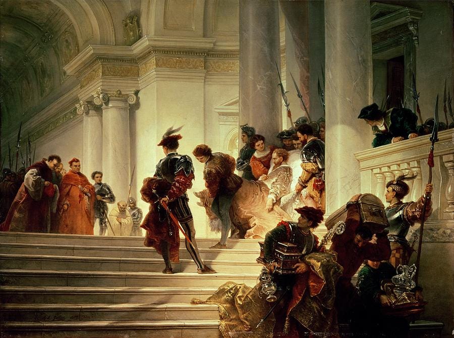 Painting of Cesare Borgia at the Vatican, sword in hand.