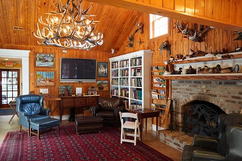 Picture of the library in the Hopsewee Plantation, along with some fine china and teacup earrings.