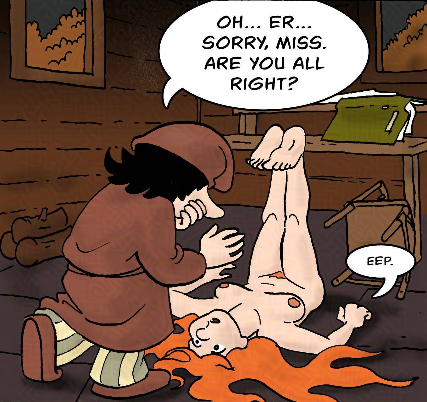 Panel 4. Bertie comes in, looking concerned. Bertie: Oh... er... sorry, miss. Are you all right? Kel (thinks): Eep.
