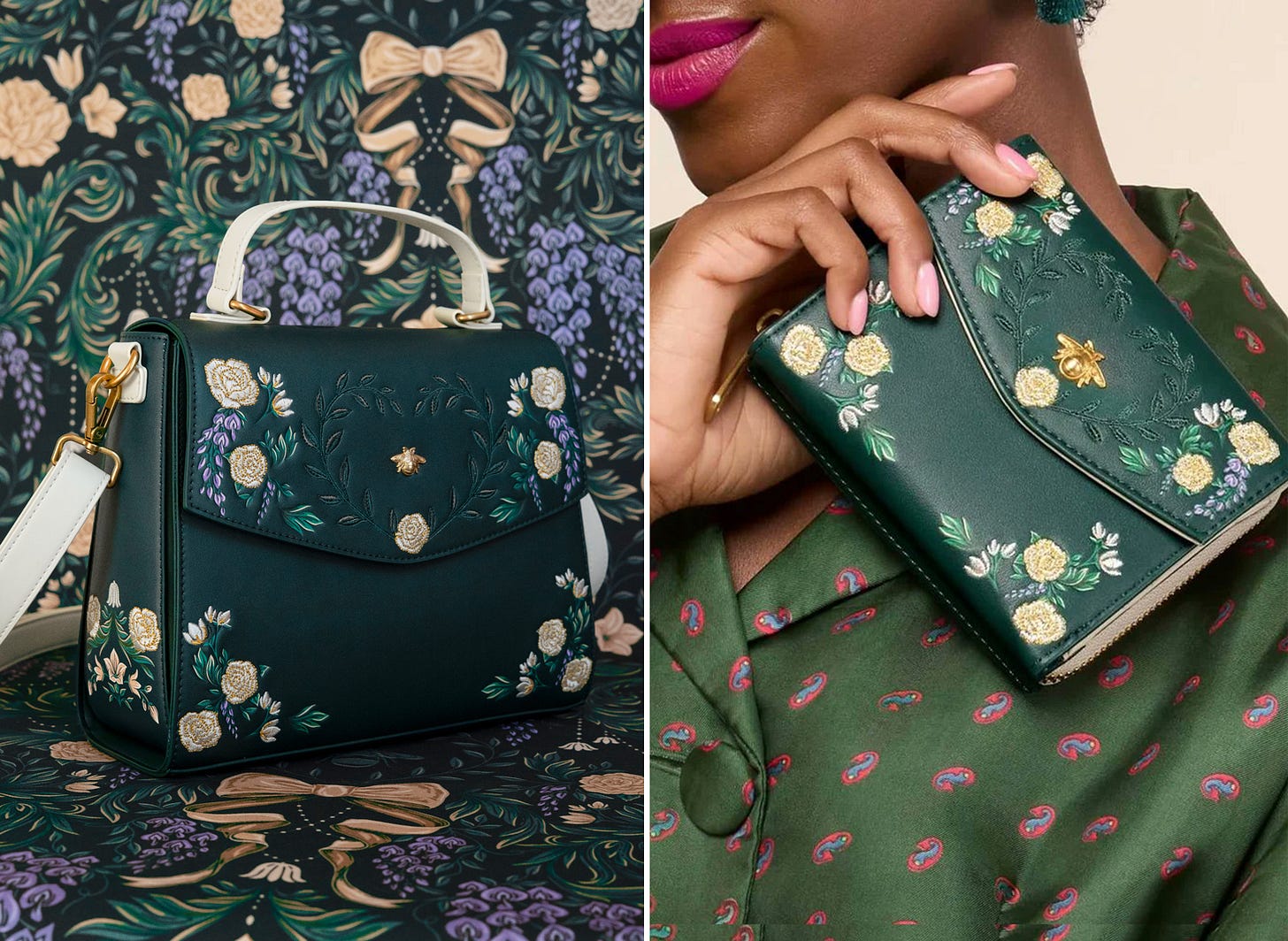 Image of bridgerton x loungefly special edition purse and wallet, green with damask pattern details, illustrated by maggie enterrios.