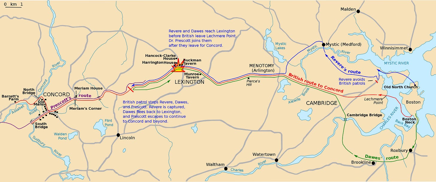 Historical map of central Massachusetts, showing routes in different colors