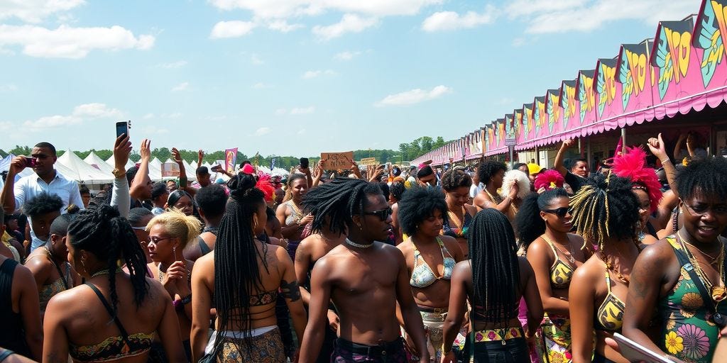 Diverse crowd at Afropunk festival in colorful fashion