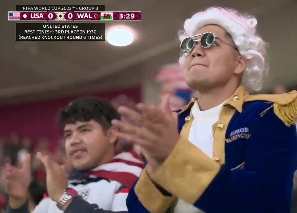 A US fan dressed up as George Washington for USA v Wales 🇺🇸 #FIFAWorldCup #TSWorldCup A US fan dressed up as George Washington for USA v Wales 🇺🇸 #FIFAWorldCup #TSWorldCup