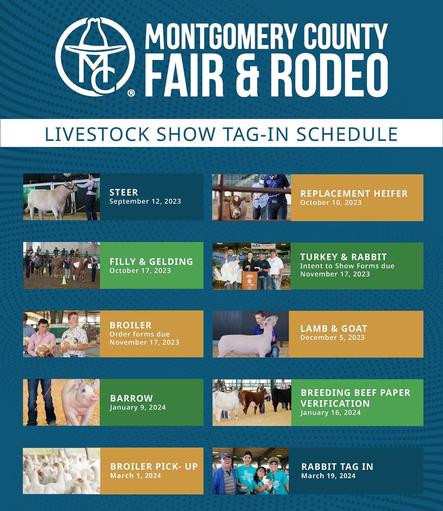 May be an image of 6 people and text that says 'MONTGOMERY COUNTY FAIR & RODEO LIVESTOCK SHOW TAG-IN SCHEDULE STEER September 2023 REPLACEMENT HEIFER October1 2023 FILLY & GELDING October 17, 2023 கA TURKEY RABBIT Show due November 17, 2023 BROILER Order forms due November 17, 2023 LAMB GOAT December 2023 BARROW January 2024 BREEDING BEEF PAPER VERIFICATION January 2024 BROILER PICK- UP March 2024 RABBIT TAG IN March 19, 2024'