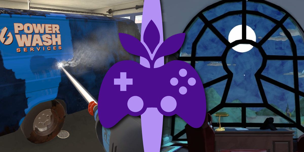 Ao centro, o logo da newsletter, um controle de videogame roxo com um broto de planta surgindo do topo. A esquerda, um furgão azul encardido sendo limpo por uma máquina de alta pressão. A direita, um escritório, com uma mesa de madeira com papéis e, ao fundo, uma grande janela formando o desenho de um buraco de fechadura.