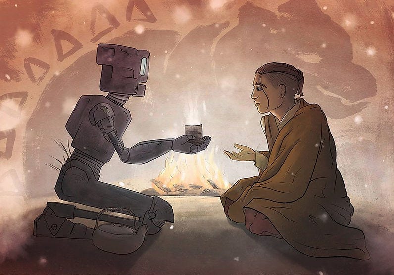 A robot and a monk sit by a campfire in warm, dusty hues. The robot hands the monk a cup, creating a peaceful, reflective atmosphere.