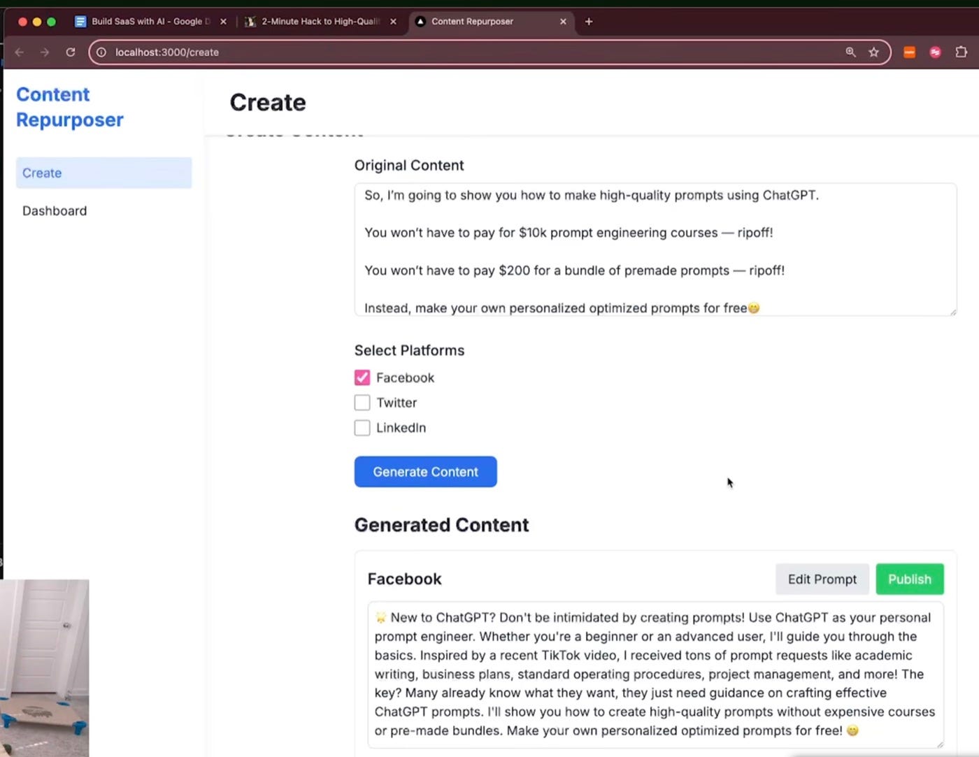 Gross looking Cursor-built Blotato MVP running locally with a Content Repurposer create screen, Facebook output, Edit Prompt button, and Publish button