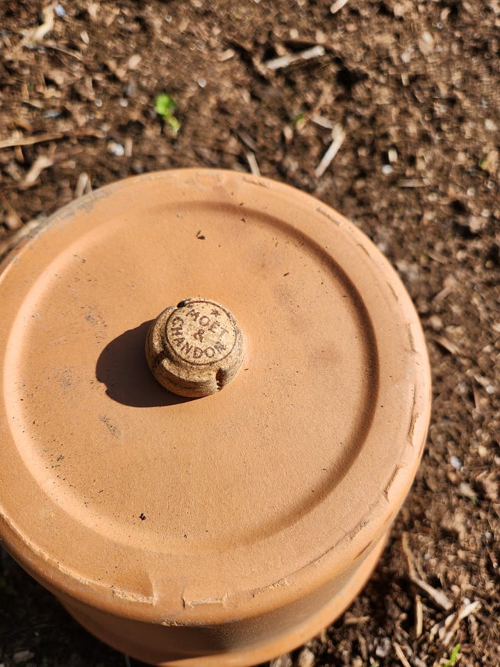 olla for vegetable garden made from large clay pot and cork from champagne bootle