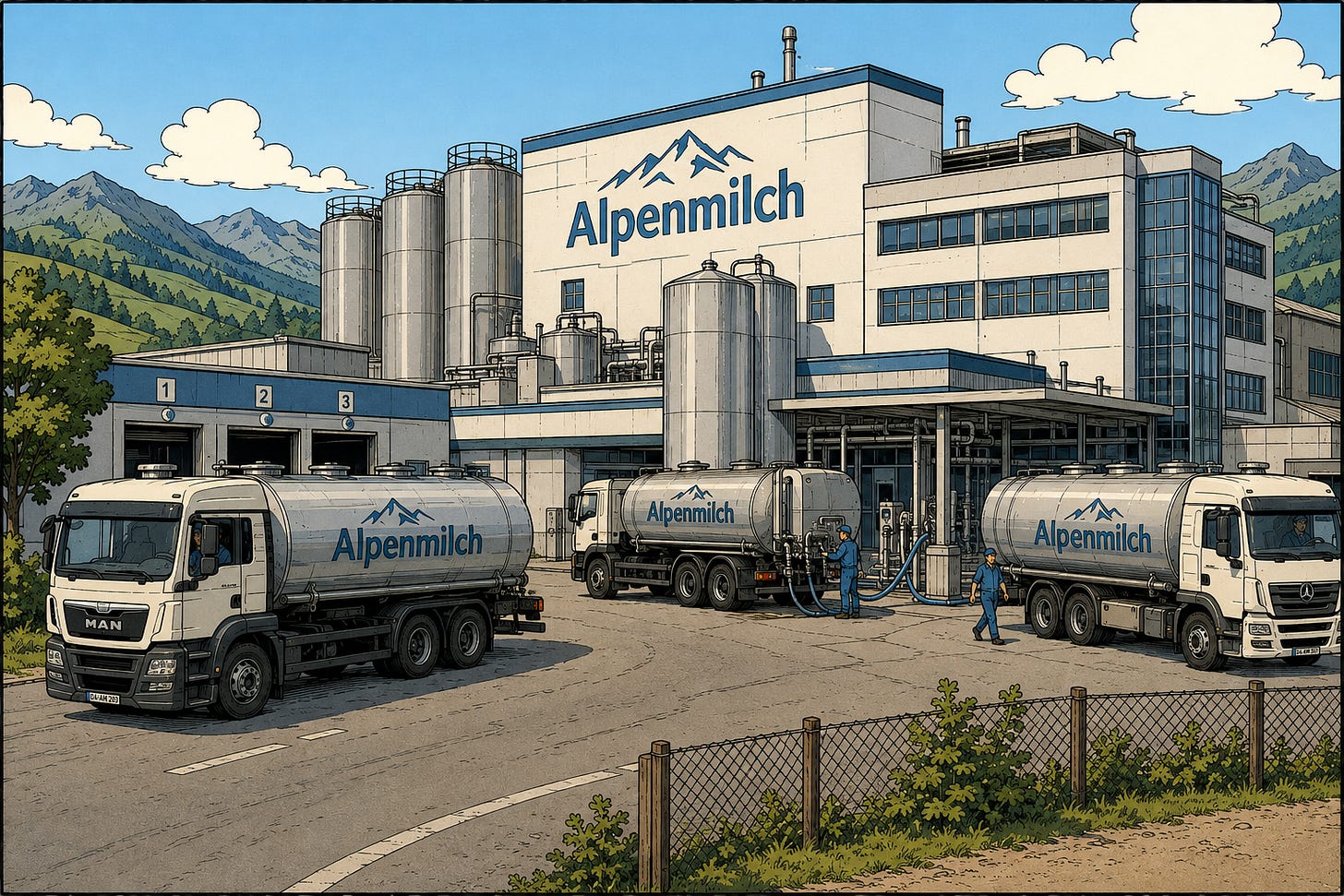 KI-generierte Illustration im Ligne-Claire-Stil zu einer fiktiven Geschichte: Die industrielle Molkerei «Alpenmilch» vor einer Berglandschaft. Mehrere Milchtankwagen liefern Milch an der grossen Produktionsanlage mit Edelstahltanks, Rohrleitungen und Verladestationen an. KI-generierte Illustration im Ligne-Claire-Stil zu einer fiktiven Geschichte: Die industrielle Molkerei «Alpenmilch» vor einer Berglandschaft. Mehrere Milchtankwagen liefern Milch an der grossen Produktionsanlage mit Edelstahltanks, Rohrleitungen und Verladestationen an.