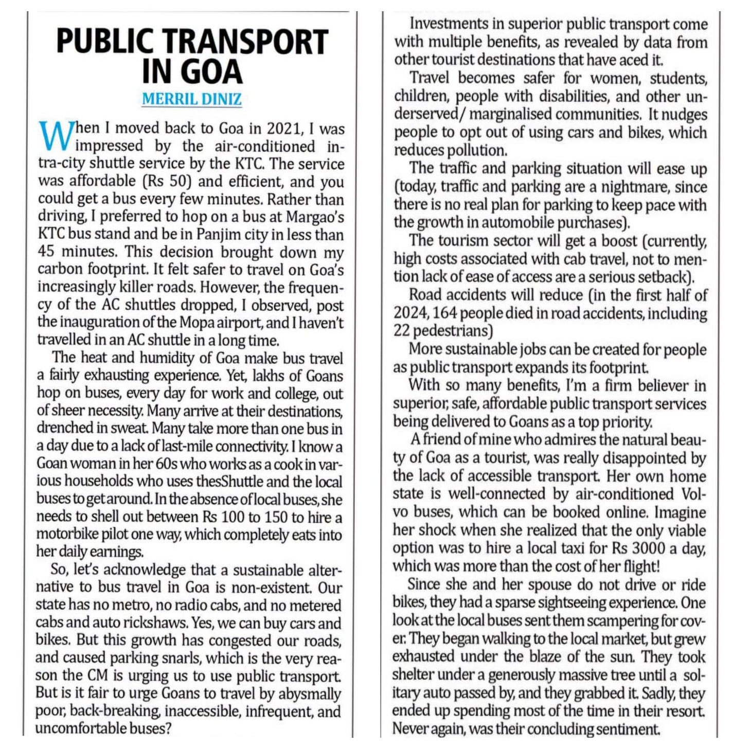 Newspaper clipping of my article on Public Transport in Goa