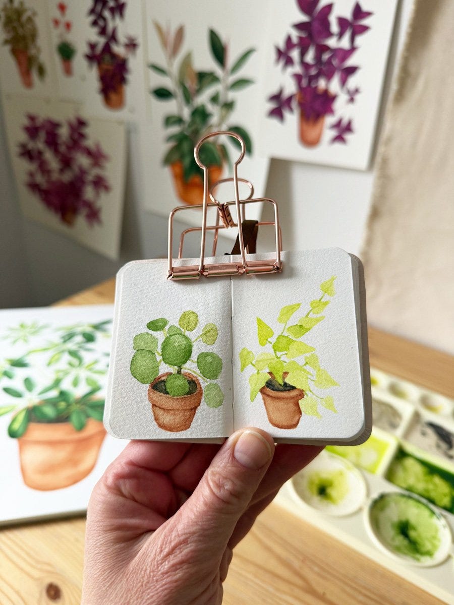 A tiny sketchbook with tiny paintings of houseplants by artist Anne Butera