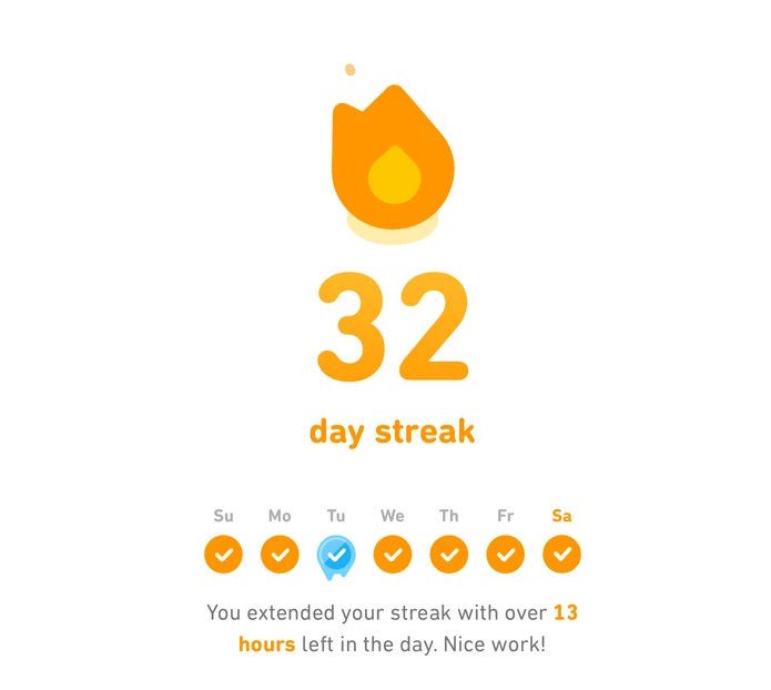 Duolingo streak feature showing 32 consecutive days of use to boost app retention through habit loops. Duolingo streak feature showing 32 consecutive days of use to boost app retention through habit loops.