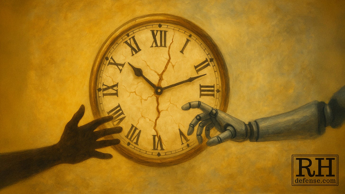 A cracked antique clock face with Roman numerals shows a human hand and a robotic hand reaching toward it from opposite sides, illustrating the fundamental disconnect between human relationships built over time and AI's lack of persistent memory. A cracked antique clock face with Roman numerals shows a human hand and a robotic hand reaching toward it from opposite sides, illustrating the fundamental disconnect between human relationships built over time and AI's lack of persistent memory.