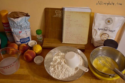 photos of peach cake dough rise and sliced peaches