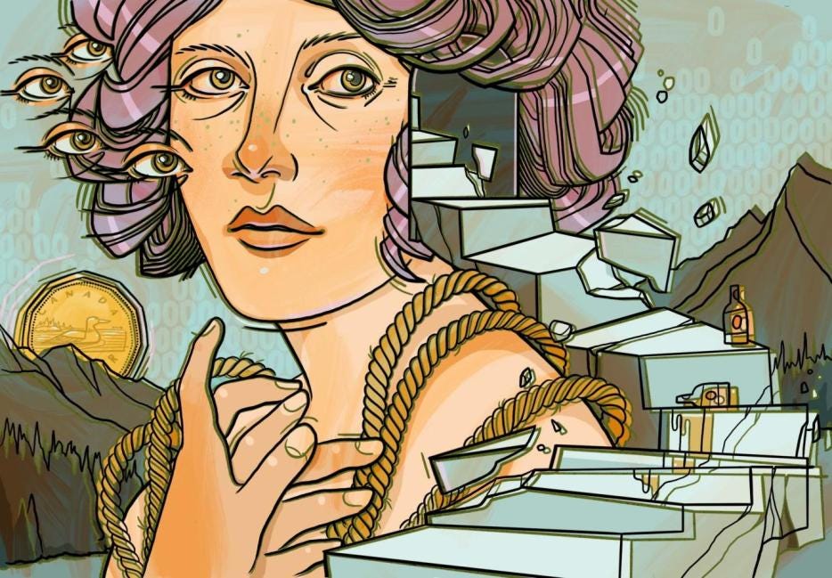 an illustration of a woman's face with many eyes. a staircase emerges from her ear and spirals down. she carries a rope in her hand. mountains are in the background