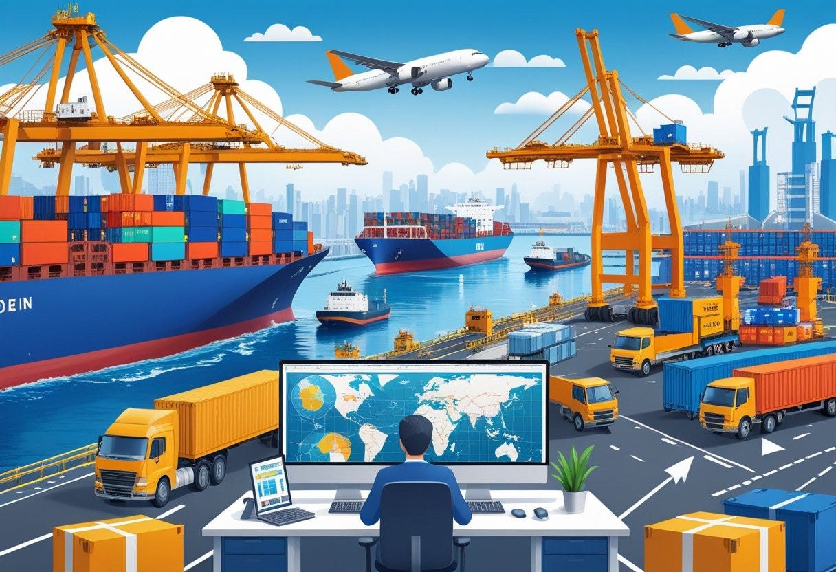 A busy shipping port with cargo ships, cranes, trucks, trains, and airplanes, showing freight forwarding operations and logistics coordination. A busy shipping port with cargo ships, cranes, trucks, trains, and airplanes, showing freight forwarding operations and logistics coordination.