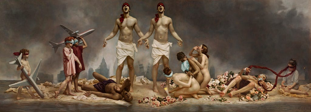 An allegorical painting with multiple nude and partially nude men and women on a beach expressing pain and grief.