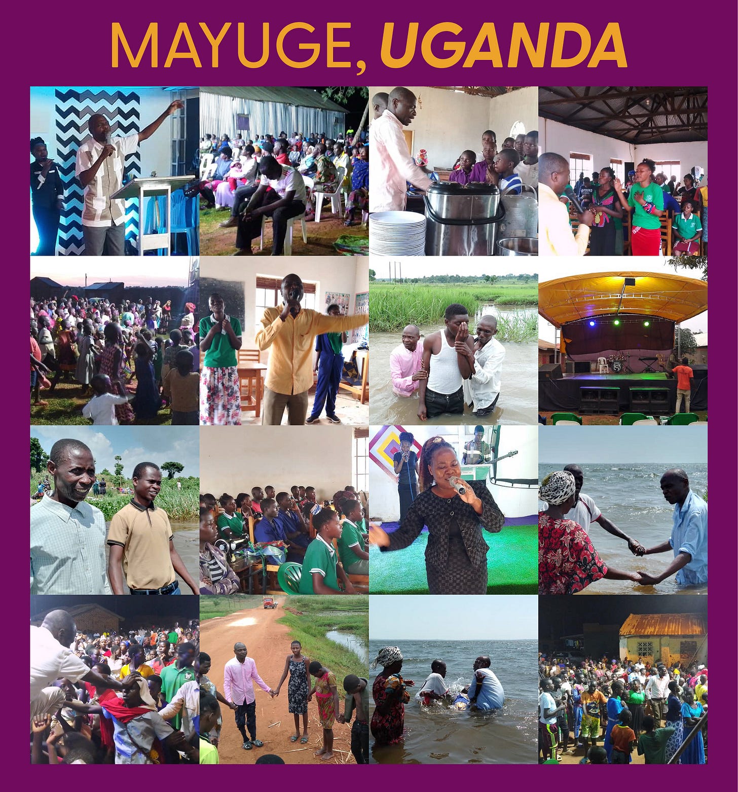 Collage titled “Mayuge, Uganda” showing a new Cross Exchange host community gathered for worship, teaching, prayer, baptism, and outreach. Images include speakers addressing groups, children and adults seated in church settings, meals being served, people praying together, and several baptism scenes in a lake. The collage highlights a vibrant ministry community in Mayuge, Uganda.