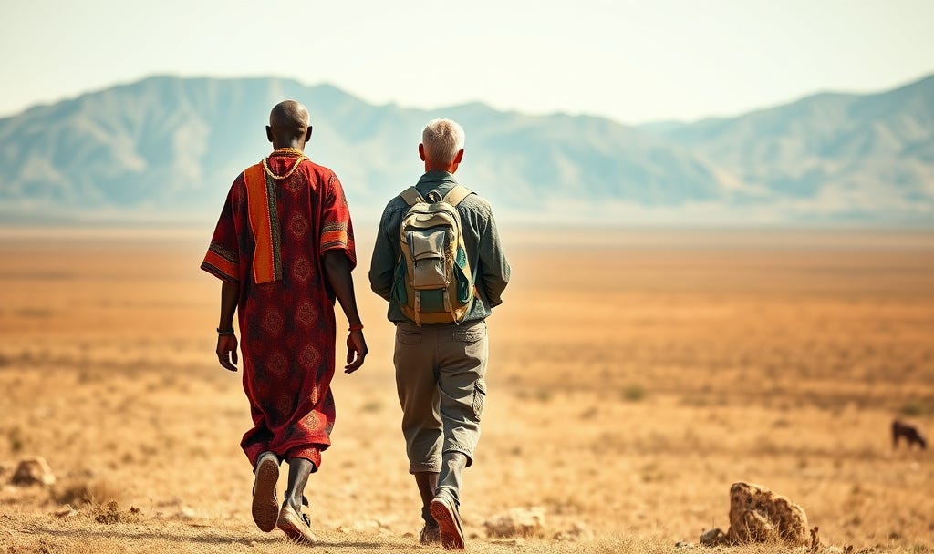A close-up view from behind of a Samburu elder in vibrant red traditional clothing walking shoulder-to-shoulder with a Western executive wearing a backpack and hiking gear across a vast, dry Kenyan landscape toward distant mountains. A close-up view from behind of a Samburu elder in vibrant red traditional clothing walking shoulder-to-shoulder with a Western executive wearing a backpack and hiking gear across a vast, dry Kenyan landscape toward distant mountains.