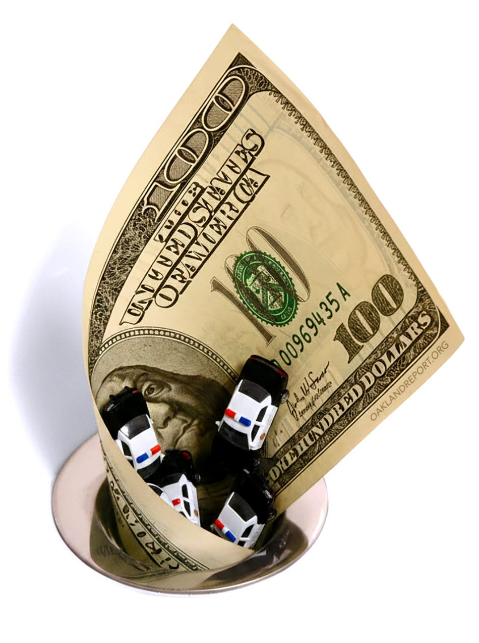 Oakland voters approved Measure NN in 2024, a $47.4-million-per-year parcel tax and parking surcharge, on a promise that the city would maintain a minimum of 700 sworn police officers.2 11 The city has yet to honor the 700-officer requirement. (Image source: Oakland Report / Adobe Stock)