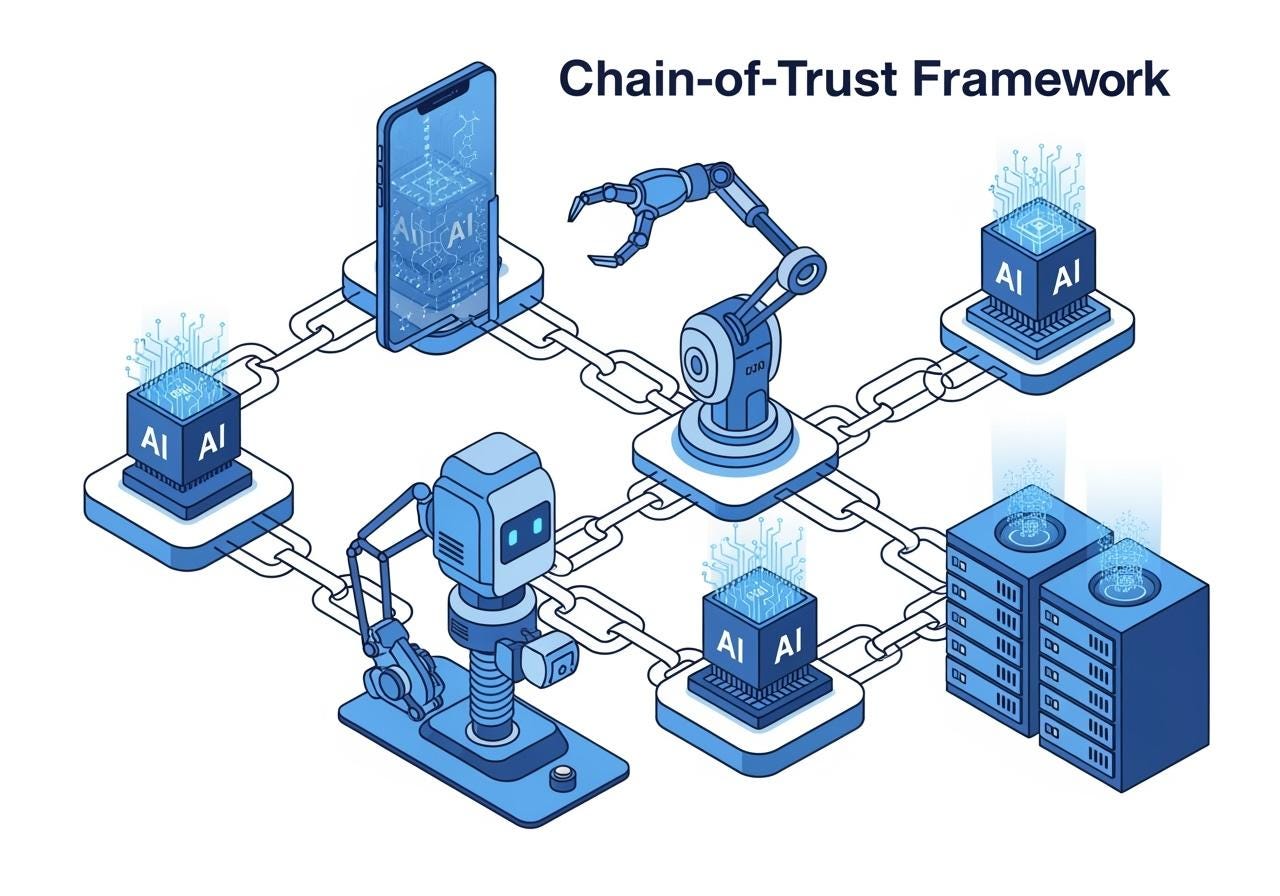 Create a visual representation of the Chain-of-Trust framework showing multiple devices (smartphones robots servers) connected in a chain-like structure with AI evaluating different aspects of trust at each connection point. Use a modern tec_image_1