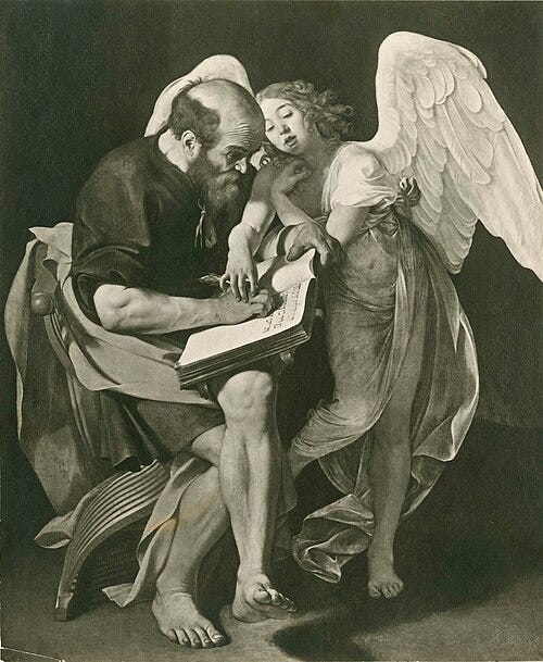 Inspiration, in the form of a probably female and rather drowsy angel (eyes nearly shut) leans toward a balding St. Matthew from his left side, reaching across his book to guide his right hand as he writes his Gospel.
