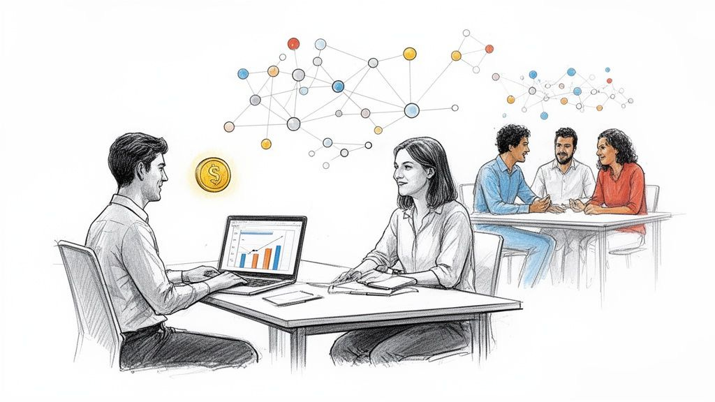 An illustration of business professionals collaborating in an office, with data networks and financial symbols. An illustration of business professionals collaborating in an office, with data networks and financial symbols.