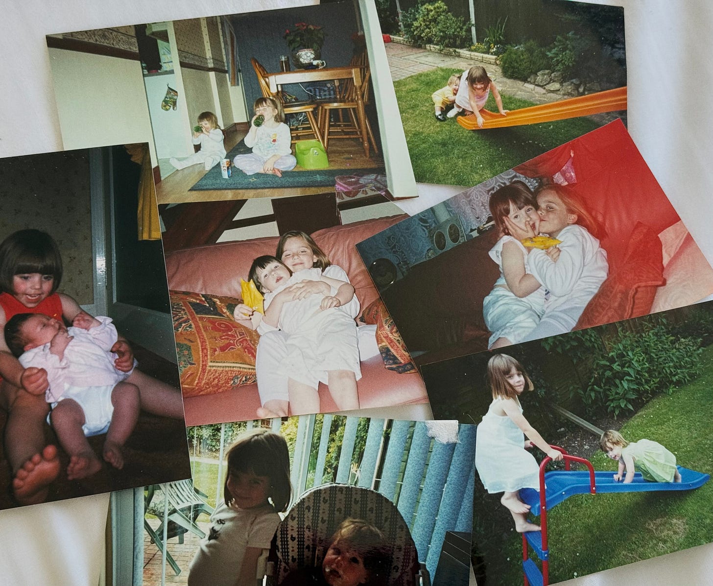 a collage of pictures of my sister and I when I was a baby to a toddler: her holding me, us on the slide, us sitting on the floor in the dining room, me in a highchair and her posing next to me, her hugging me on the sofa