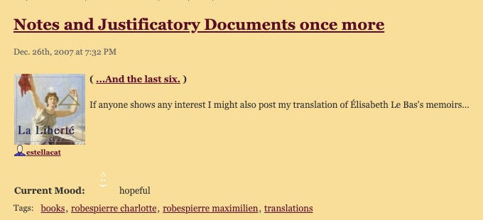 A screenshot of a LiveJournal user's post about their obscure French historical translations.