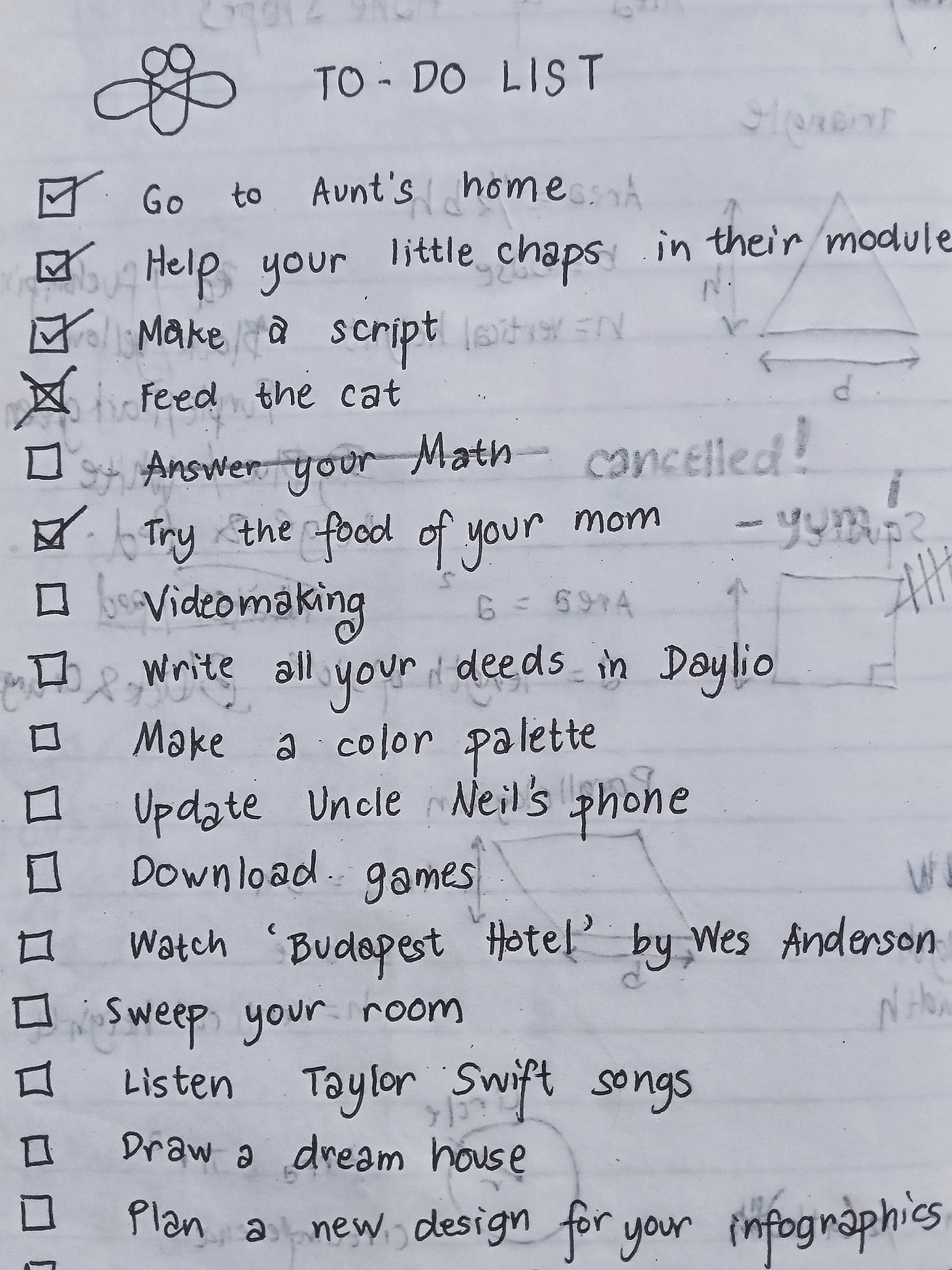 A handwritten to-do list on paper with multiple tasks, some checked off and others still pending.