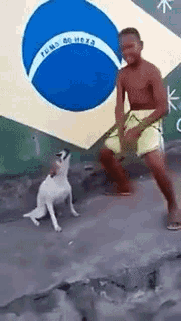 a man dancing with a dog in front of a brazilian flag