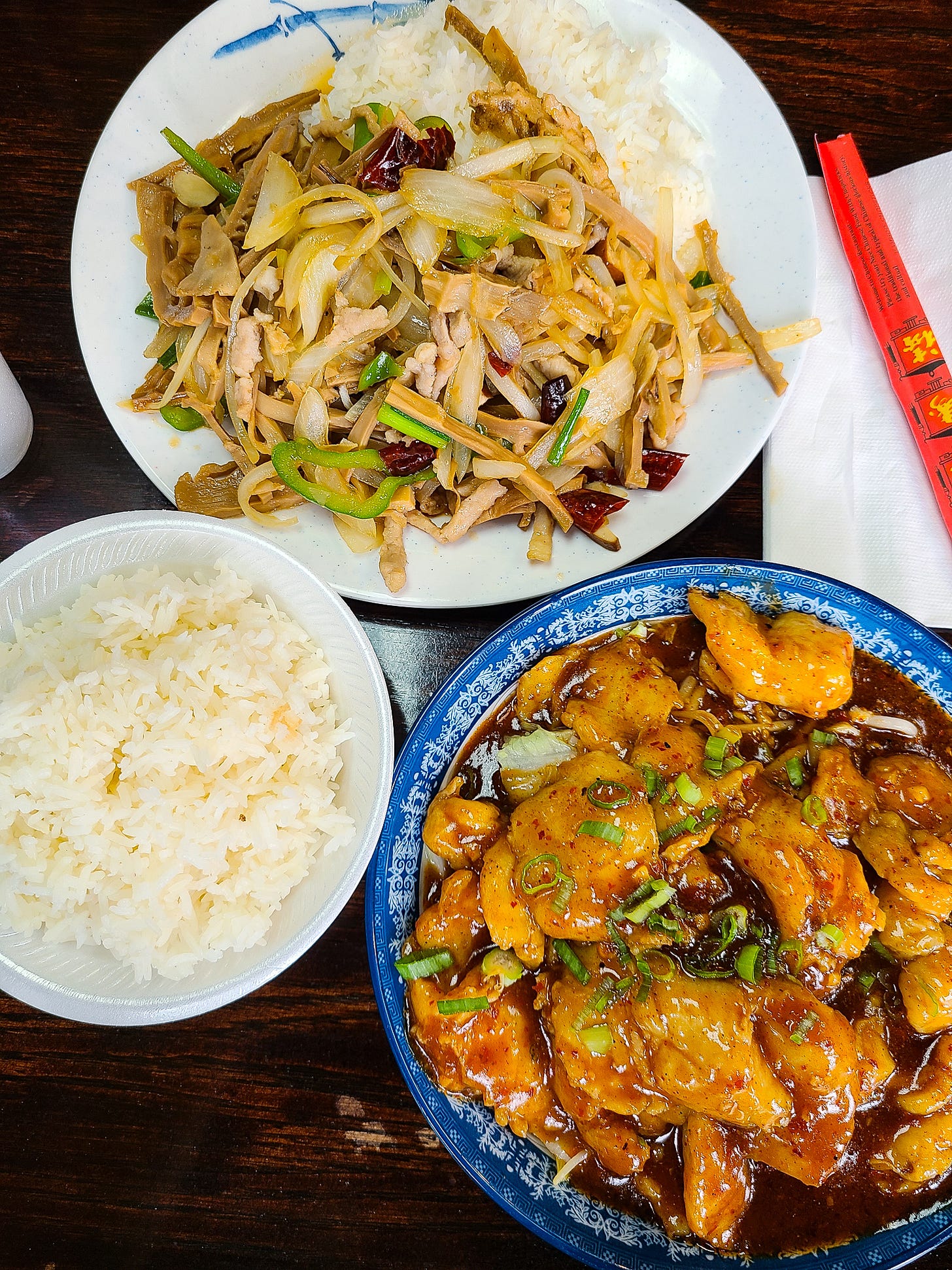 shredded pork and bamboo with rice and szechuan fish fillet