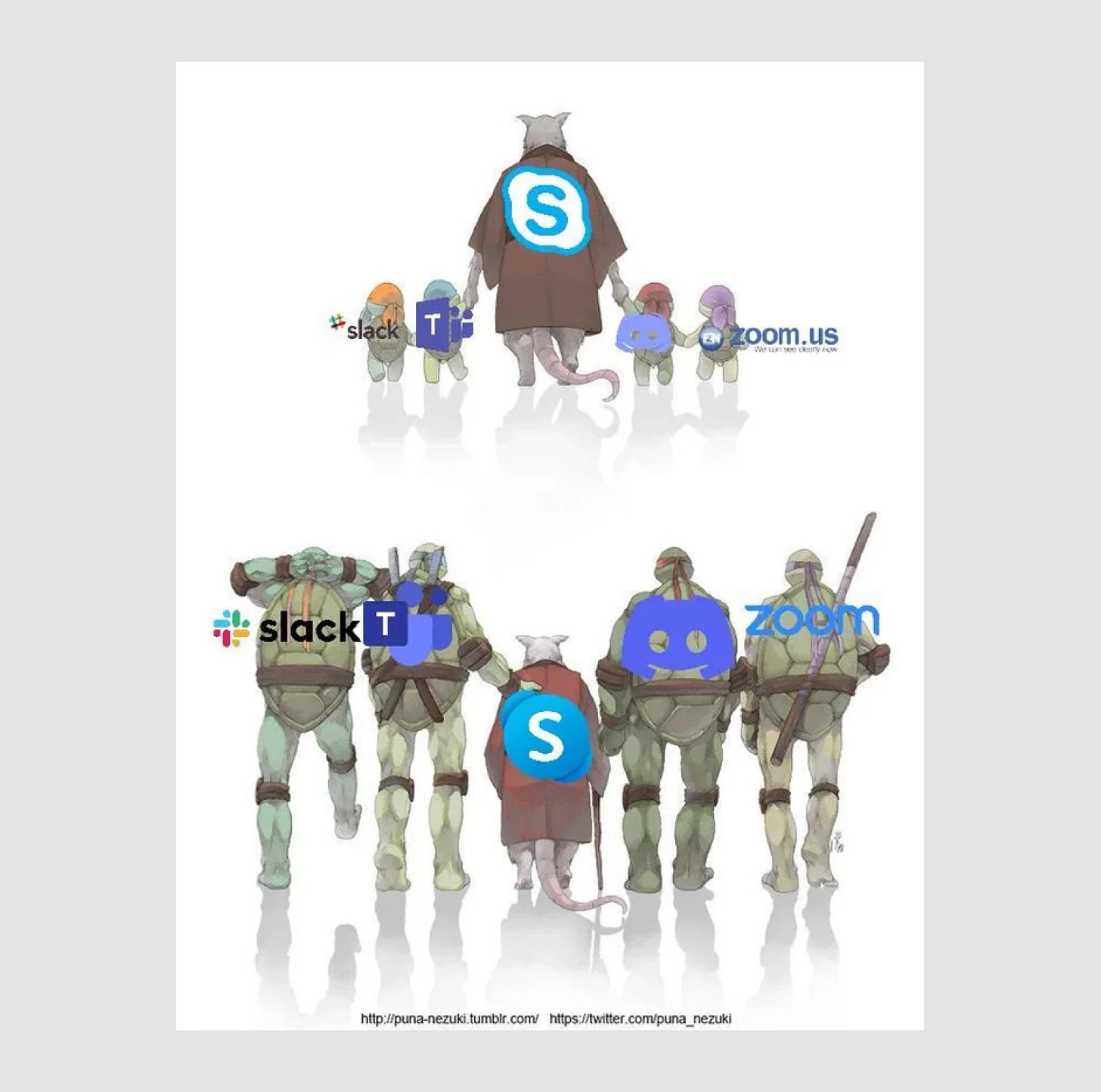 The Illustration of ninja turtles and their sensei