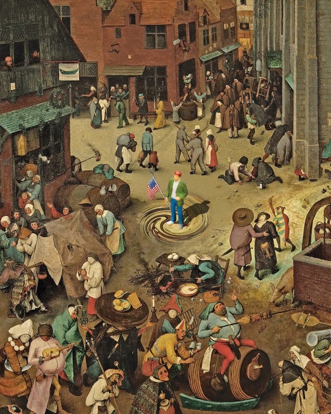illustration based on painting of busy medieval village with person in modern dress in center of swirl in the middle, carrying a U.S. flag