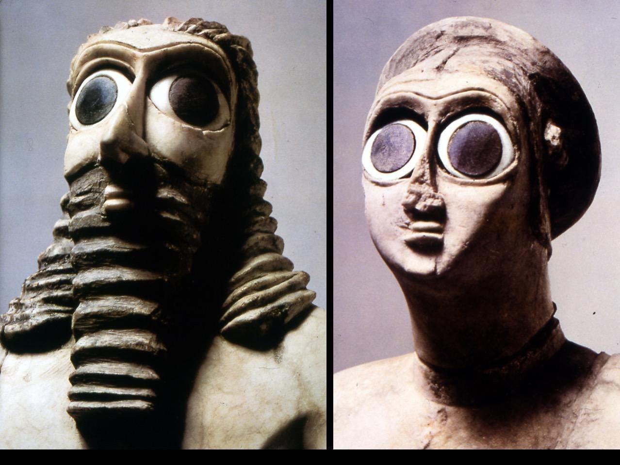 Ancient Sumerian carvings. They have countless others with normal  proportions. What's your thoughts on the large eyes? Must represent  something… are they human? : r/AlternativeHistory