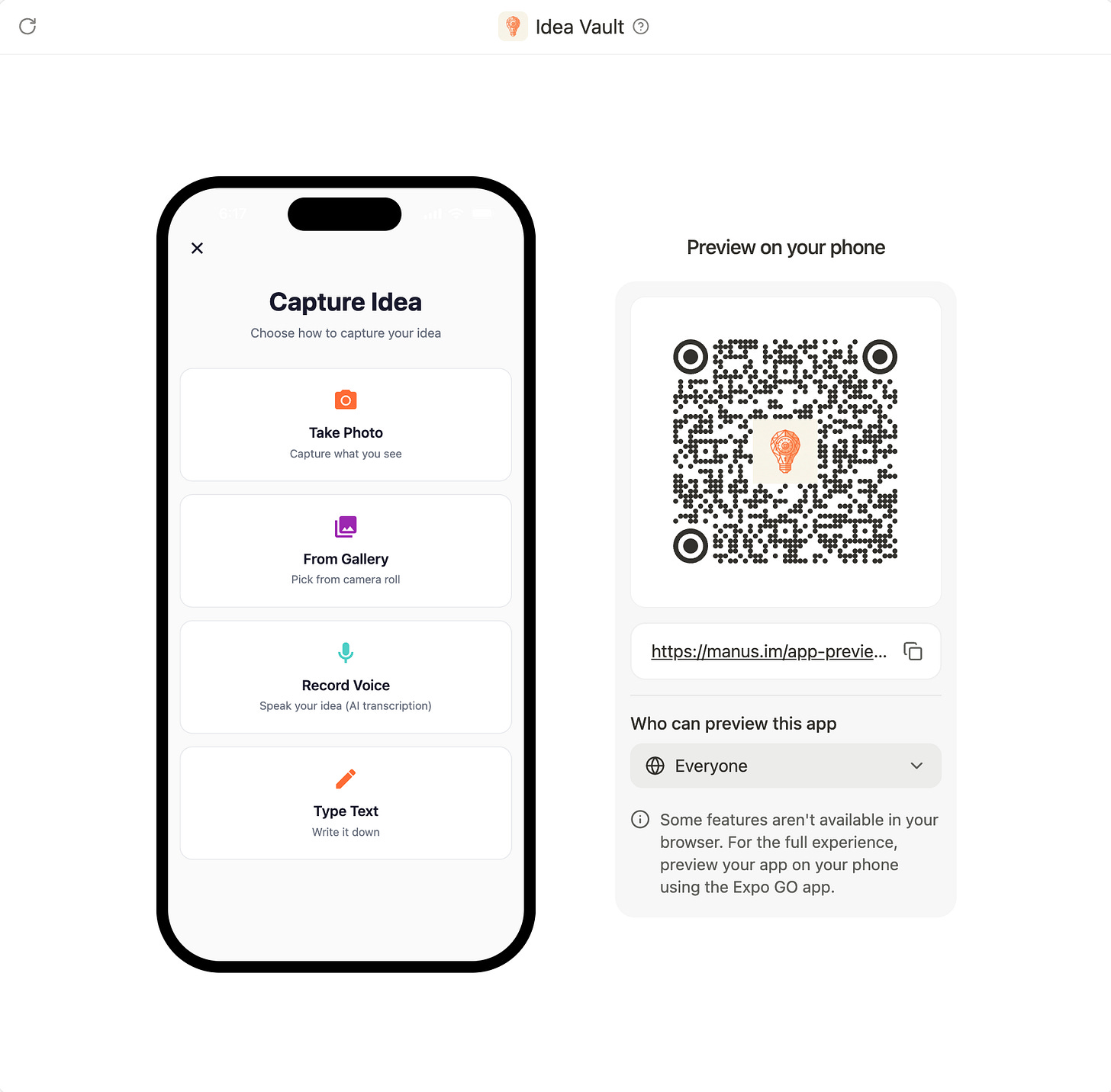 Mobile app preview showing the “Idea Vault” Capture Idea screen with four options—take a photo, choose from gallery, record voice with AI transcription, or type text—alongside a QR code used to preview the app instantly on a real phone.