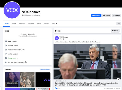 Këto pamje tregojnë kontrastin mes shifrës së deklaruar të ndjekësve të VOX Kosova në Facebook mbi 21 mijë dhe nivelit real të angazhimit në postimet e saj. Përmbajtje të ndryshme, përfshirë artikuj sensazionalë dhe tema politike të nxehta, marrin vazhdimisht dhjetëra apo pak qindra reagime, një disproporcion i theksuar që ngre pyetje legjitime mbi natyrën reale të audiencës, autenticitetin e ndikimit dhe transparencën e vetëparaqitjes publike të kësaj platforme mediatike.