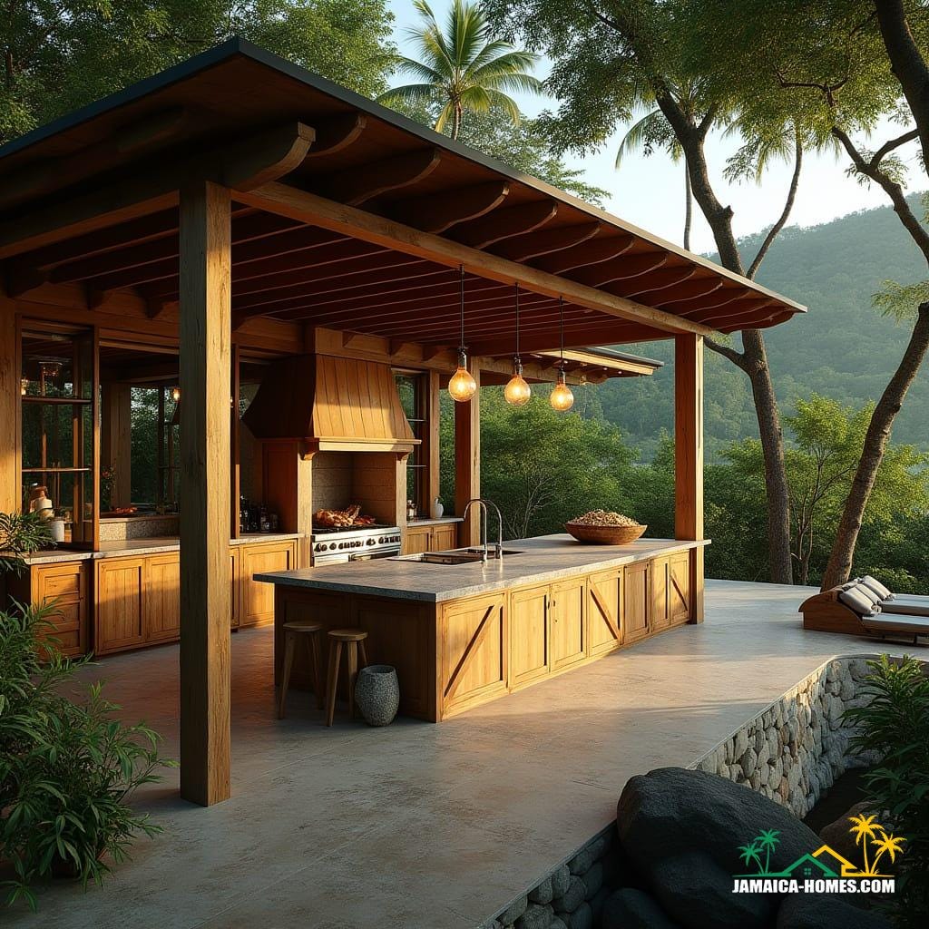 An ultra-luxurious outdoor kitchen, crafted from rich teak and mahogany, seamlessly integrated into a multimillion-pound off-the-grid wooden estate, nestled in the lush green mountains of Jamaica