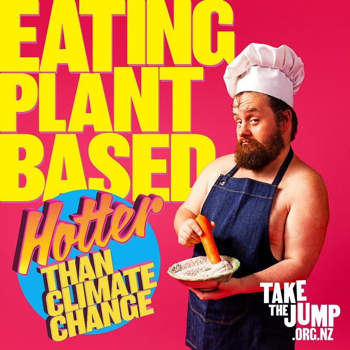 Images of funky climate actions, with text saying "eating plant-based: hotter than climate change" and other actions.