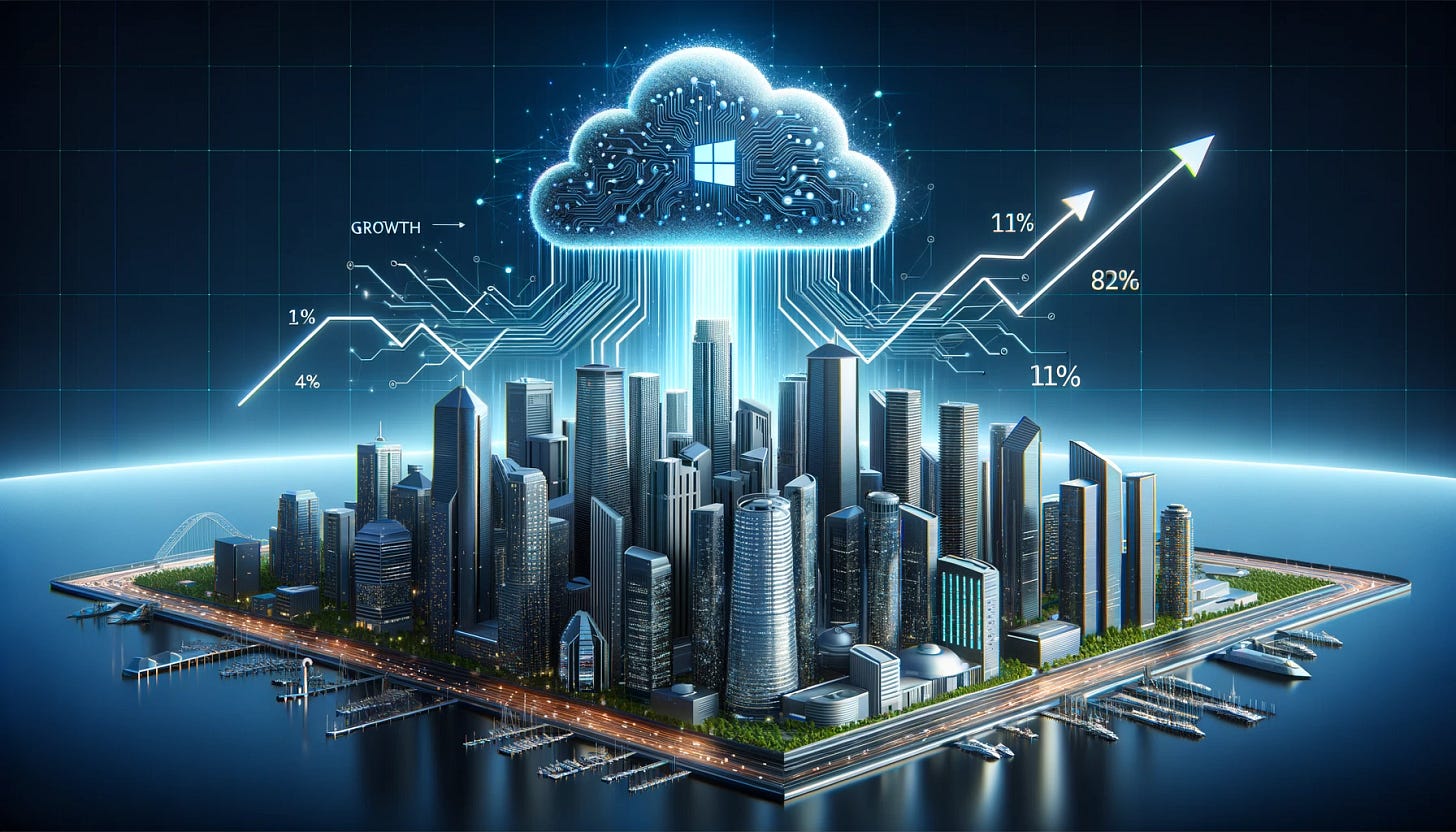 Illustration: A sleek futuristic cityscape with skyscrapers. Above the city is a large, digital cloud intertwined with AI neural networks. Growth arrows shoot upwards from the city into the cloud, with percentages labeled. The Microsoft logo is subtly integrated into the skyline. A headline at the top reads 'Surpassing Expectations with AI & Cloud'. Illustration: A sleek futuristic cityscape with skyscrapers. Above the city is a large, digital cloud intertwined with AI neural networks. Growth arrows shoot upwards from the city into the cloud, with percentages labeled. The Microsoft logo is subtly integrated into the skyline. A headline at the top reads 'Surpassing Expectations with AI & Cloud'.