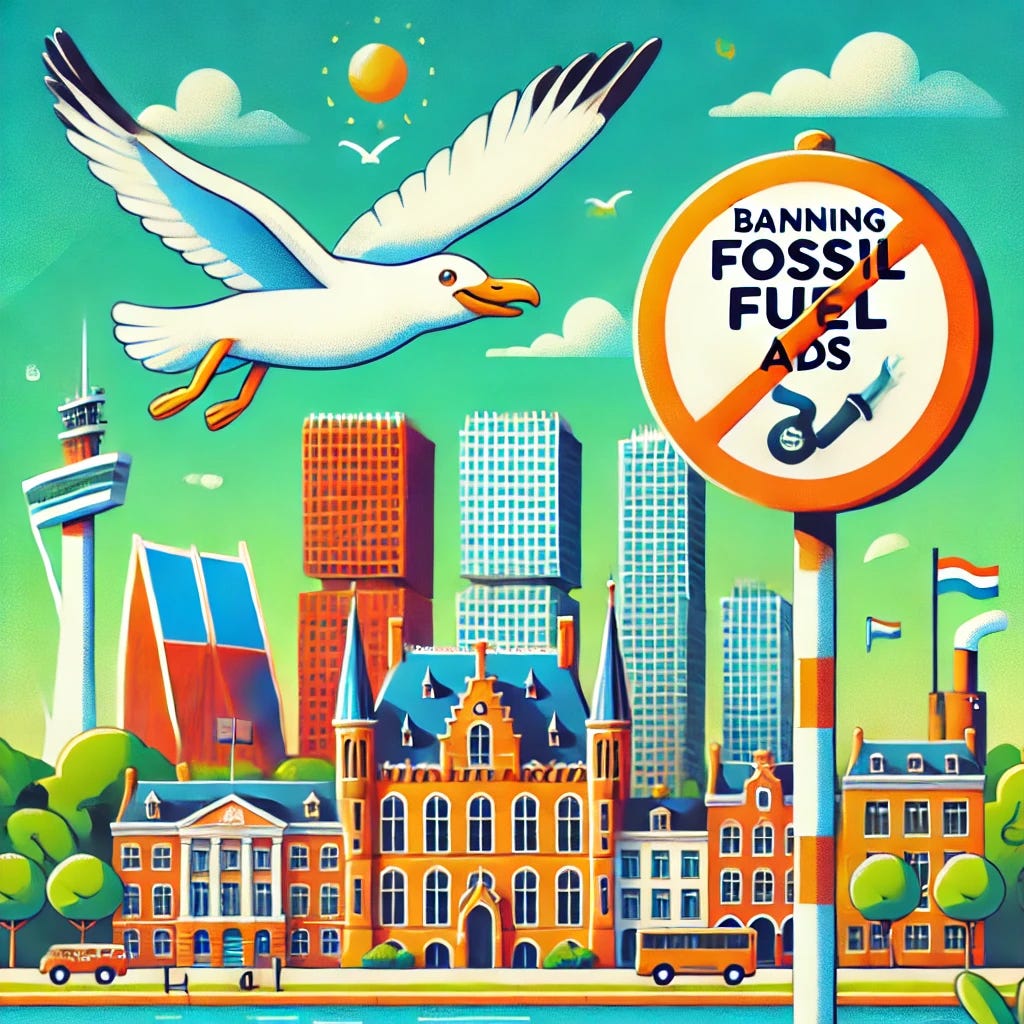 A vibrant illustration featuring The Hague cityscape with a sign banning fossil fuel ads, including a playful seagull flying in the sky. The scene is bright and cheerful with a modern urban setting in the background, showcasing landmarks of The Hague and an eco-friendly vibe. The seagull adds a whimsical touch, soaring over the city's buildings.