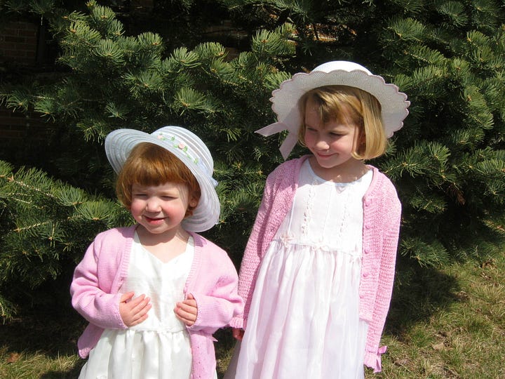 Two little girls squinting into the sun, a young boy with goofy smile, four children dressed up with silly expressions on faces, and young girl in Sunday best hugging a tree.