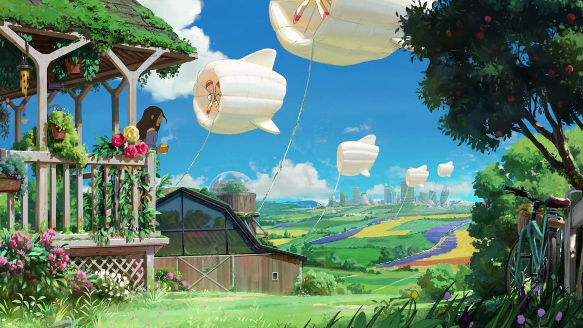 A still from a Chobani anime commercial featuring a solarpunk future and a score from a Ghibli composer.