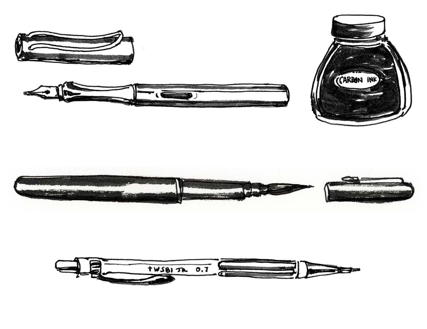 K.Woodman-Maynard, black and white ink drawings of ink and ink pens. K.Woodman-Maynard, black and white ink drawings of ink and ink pens.
